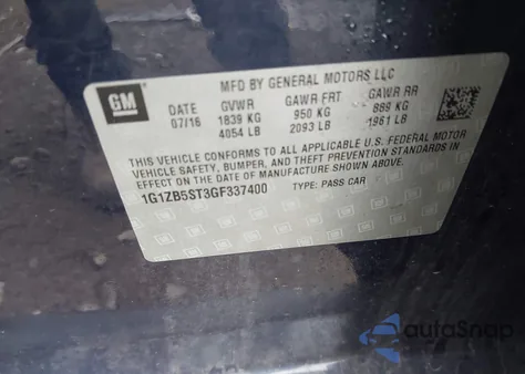 2016 Chevrolet Malibu Ls z USA, uszkodzony, nr VIN 1G1ZB5ST3GF337400